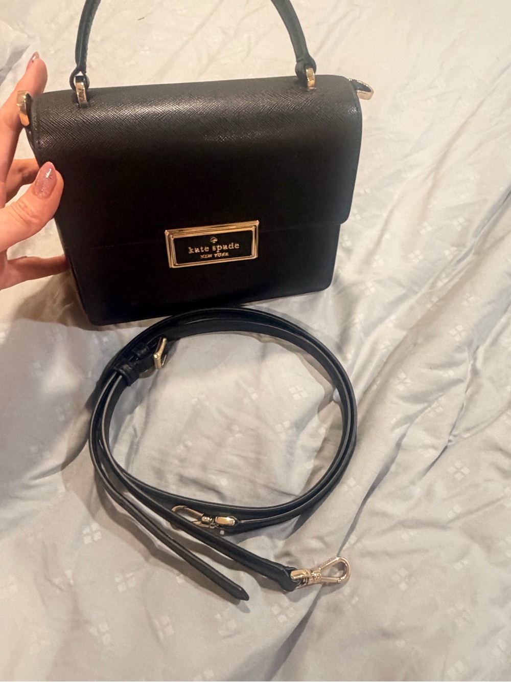 kate spade Black Saffiano Leather Top-Handle Crossbody with Gold Plaque